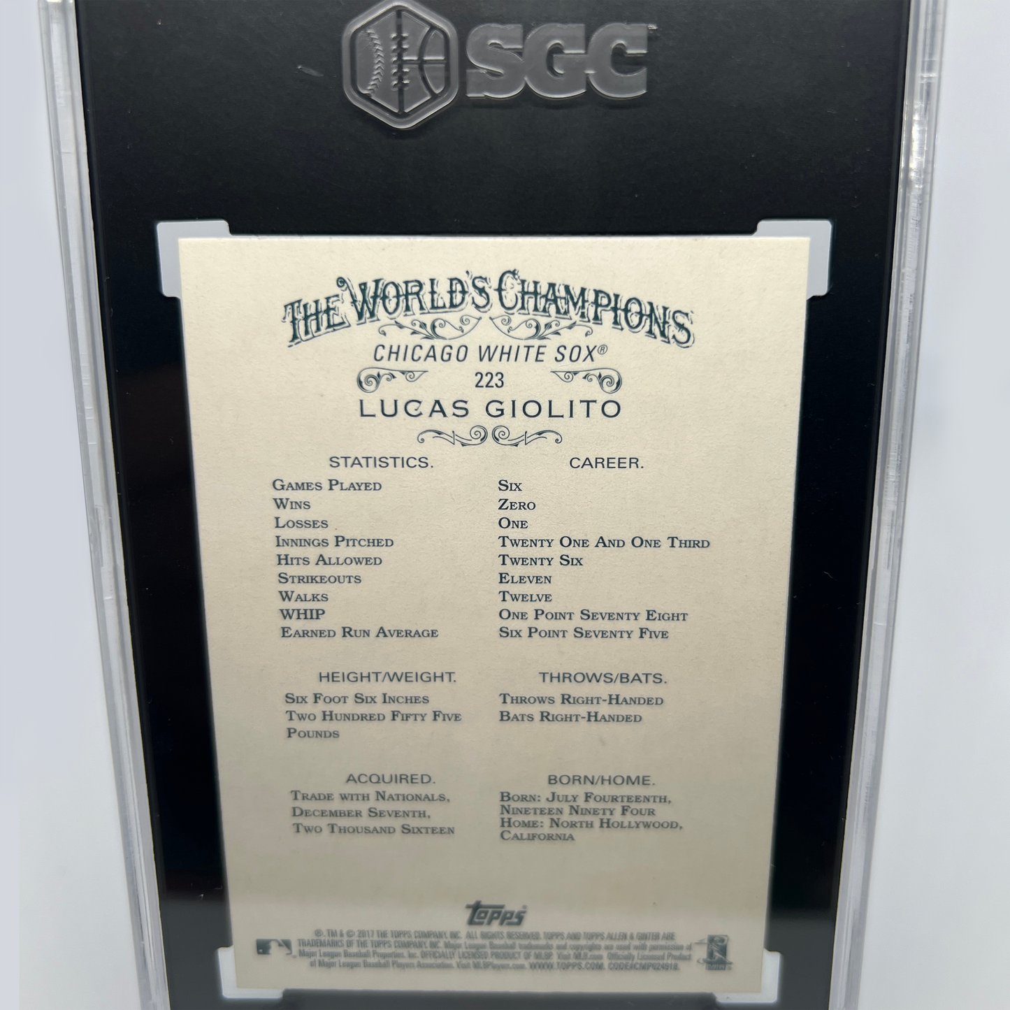 Lucas Giolito 1/1 Autographed Baseball Card - Graded
